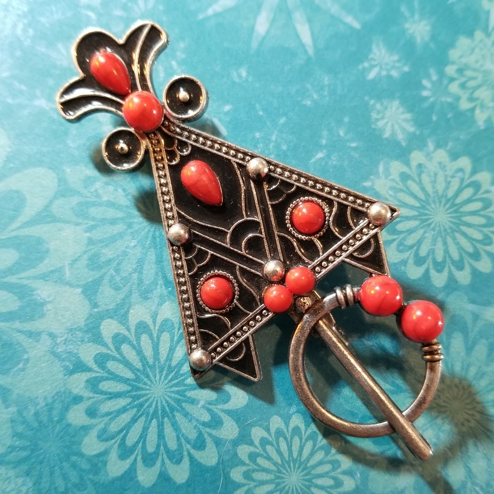 Brooch pin red cabochons kuchi style silver tribal boho bohemian